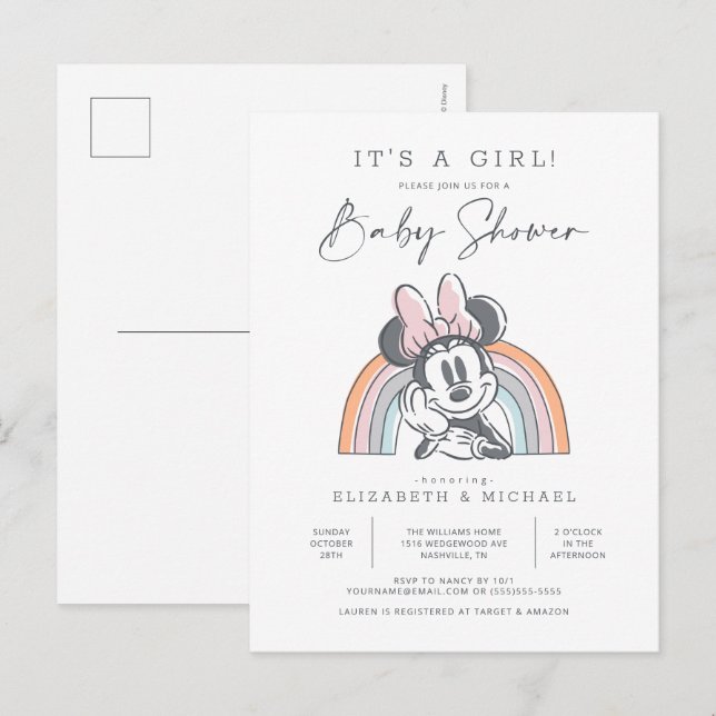Minnie Mouse Rainbow Watercolor Baby Shower Postcard (Front/Back)