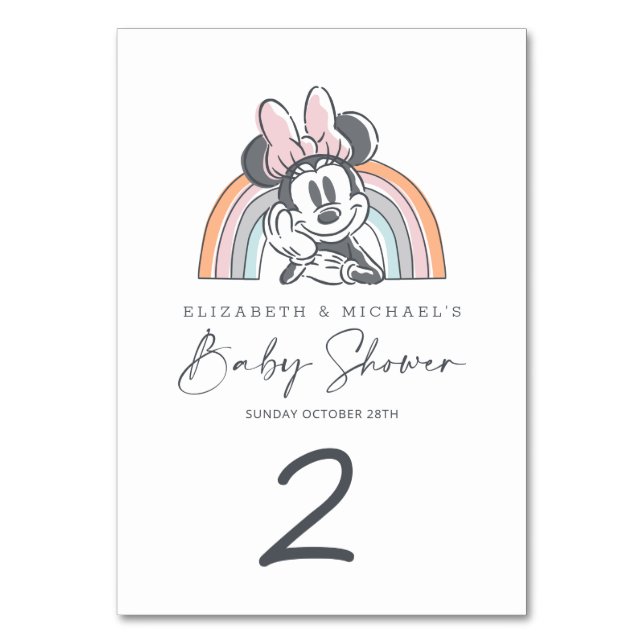 Minnie Mouse Rainbow Watercolor Baby Shower Table Number (Front)