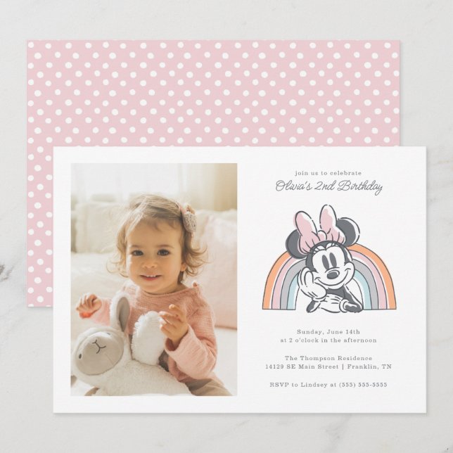 Minnie Mouse Rainbow Watercolor Photo Birthday Invitation (Front/Back)