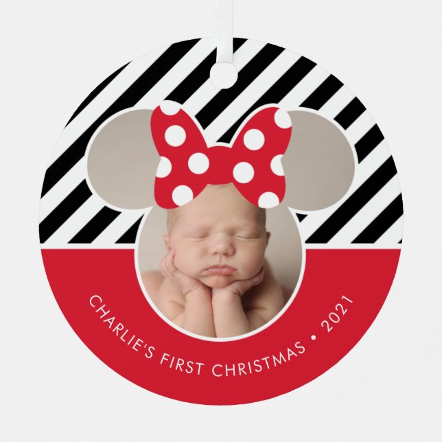 Minnie Mouse - Red | Baby's 1st Christmas - Photo Metal Ornament (Front)