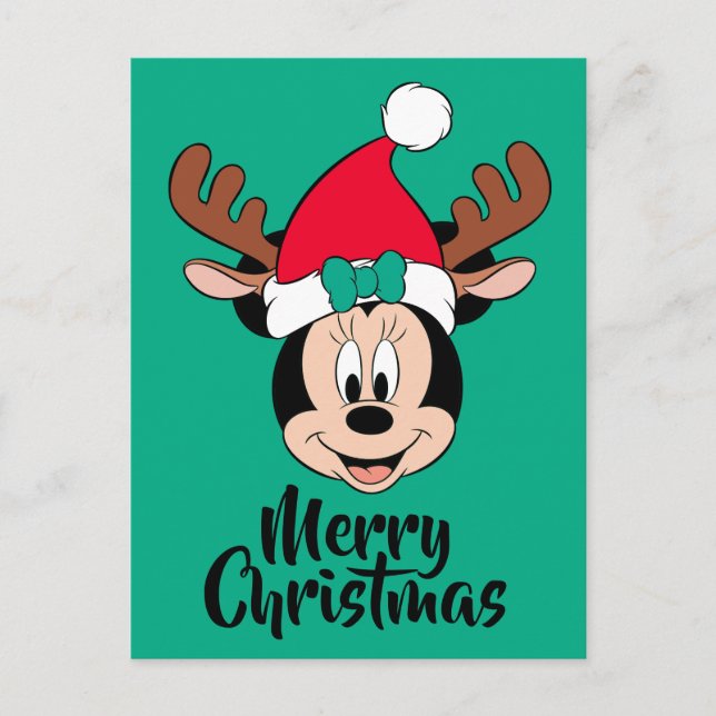 Minnie Mouse | Reindeer Ears & Santa Hat Holiday Postcard (Front)