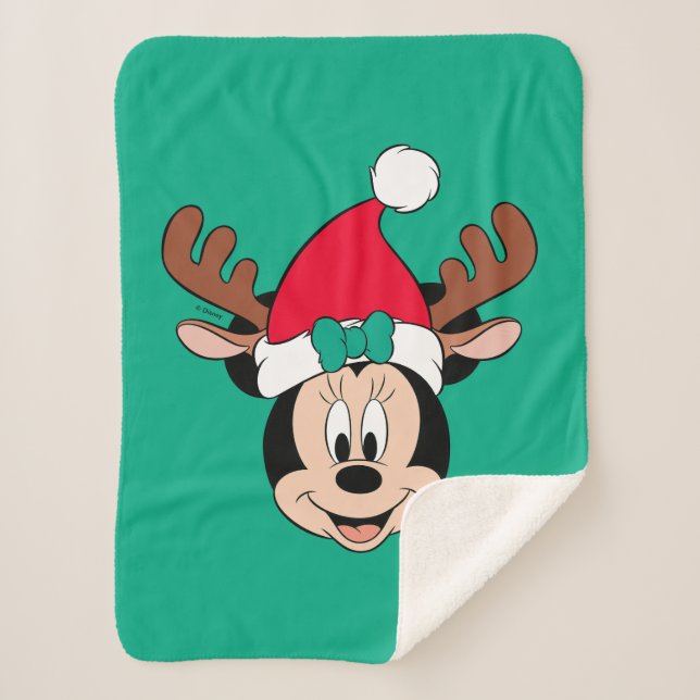Minnie Mouse | Reindeer Ears & Santa Hat Sherpa Blanket (Front)