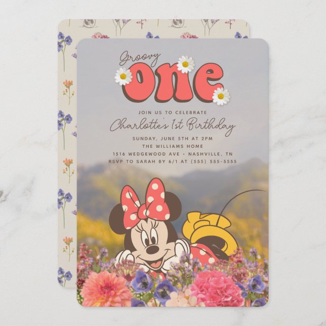  Minnie Mouse Retro Groovy One Birthday Invitation (Front/Back)