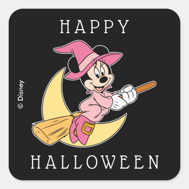 Minnie Mouse Riding Witch Broom Square Sticker (Front)