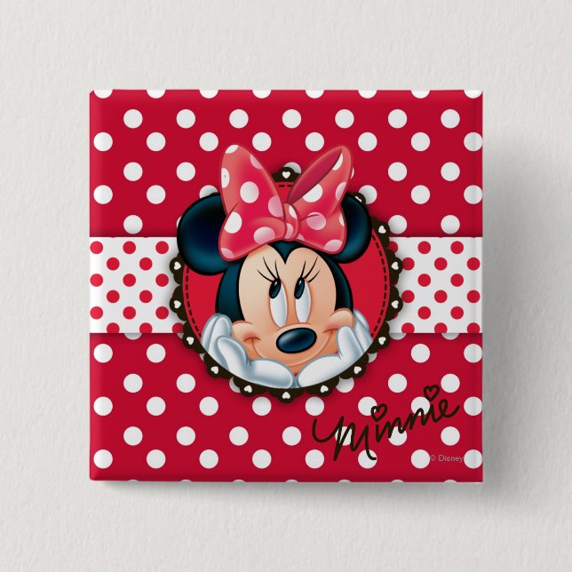 Minnie Mouse | Smiling on Polka Dots 2 Inch Square Button (Front)