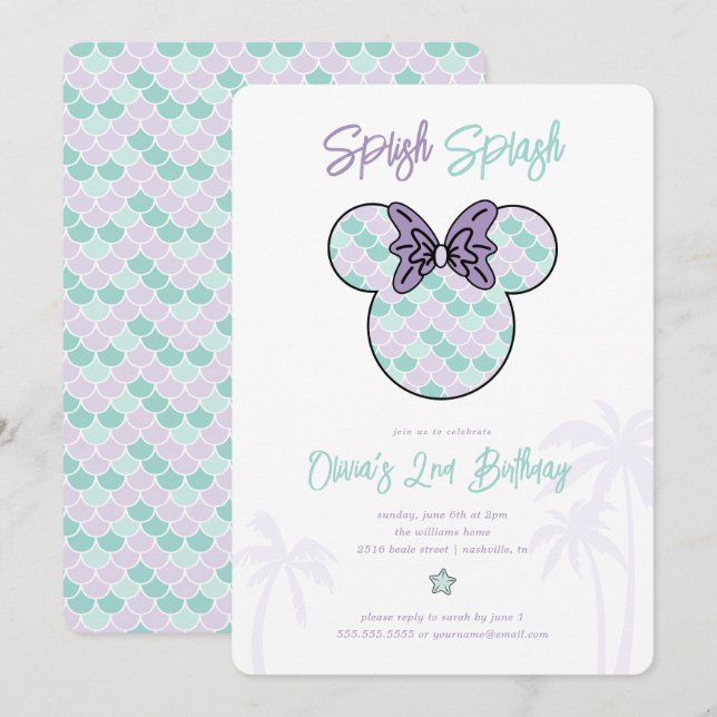 Minnie Mouse | Teal & Purple Mermaid Birthday Invitation (Front/Back)