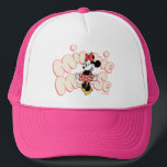 Minnie Mouse Twirl in Polka Dot Style Trucker Hat<br><div class="desc">Bright, bubbly, and full of classic Disney joy, this cheerful artwork features Minnie Mouse mid-twirl in her iconic polka dot dress, radiating confidence and charm. Set against a playful pink backdrop with bold, retro-inspired lettering, the design feels fun, energetic, and instantly lovable. Perfect for customizable Zazzle products like apparel, tote...</div>
