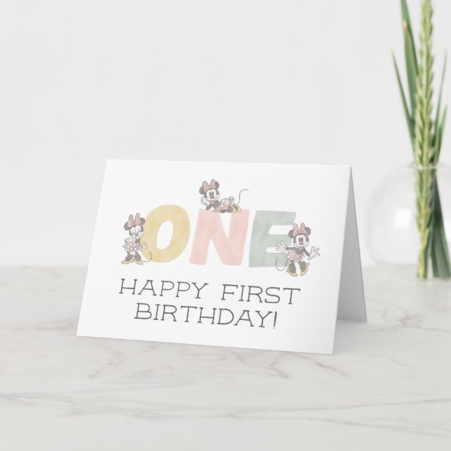 Minnie Mouse Watercolor First Birthday Card (Front)