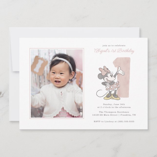 Minnie Mouse Watercolor First Birthday - Photo Invitation (Front)