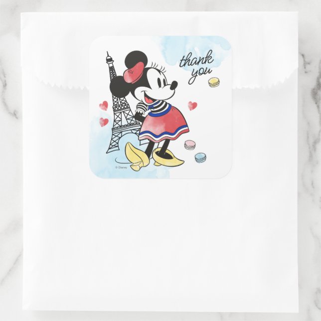 Minnie Mouse Watercolor Paris Birthday Thank You Square Sticker (Bag)