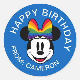 Minnie Mouse Wearing Rainbow Bow   Happy Birthday Classic Round Sticker