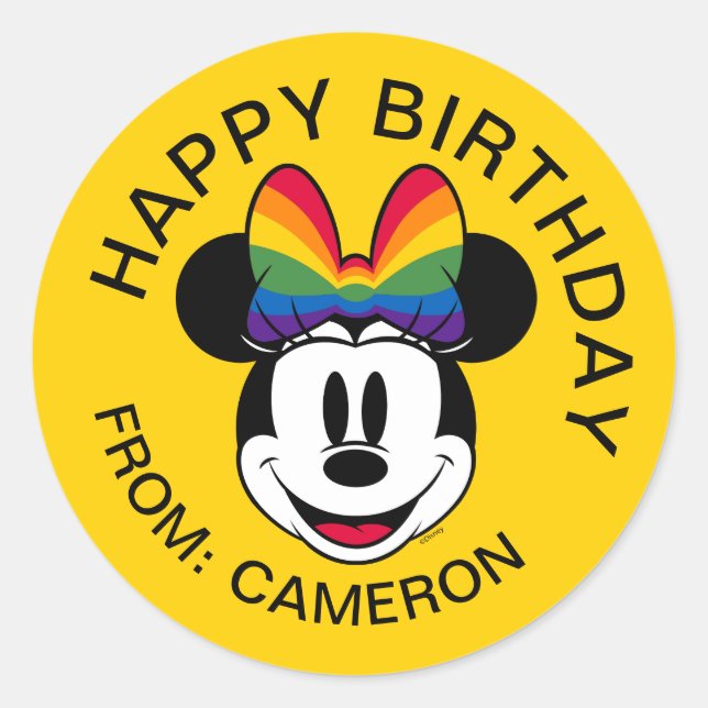Minnie Mouse Wearing Rainbow Bow | Happy Birthday Classic Round Sticker (Front)