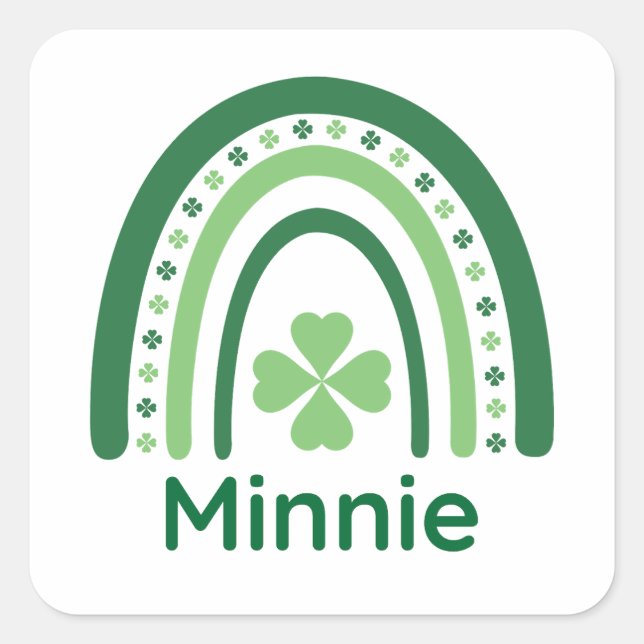 Minnie Name Clover Boho Rainbow Square Sticker (Front)