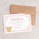 Minnie | Pink & Faux Gold Glitter Baby Shower Invitation<br><div class="desc">Celebrate the arrival of the little one with this elegant baby shower invitation featuring Minnie Mouse. The design showcases Minnie in her classic pose, surrounded by soft pink hues and faux gold glitter accents that add a touch of sparkle and sophistication. The playful stripes and whimsical details make this invitation...</div>