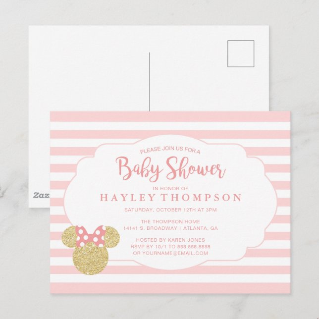 Minnie | Pink & Faux Gold Glitter Baby Shower Postcard (Front/Back)