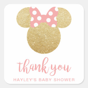 Minnie Pink & Gold Glitter Thank You Square Sticker