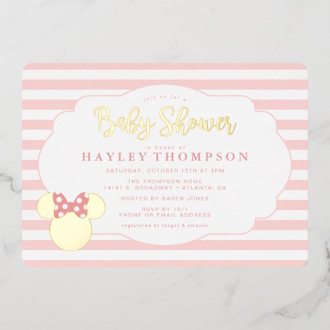 Minnie | Pink Striped Gold Foil Baby Shower  (Front)