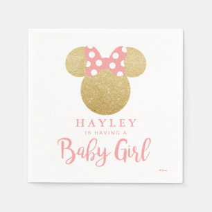 Minnie Pink Striped Gold Glitter Baby Shower Napkin