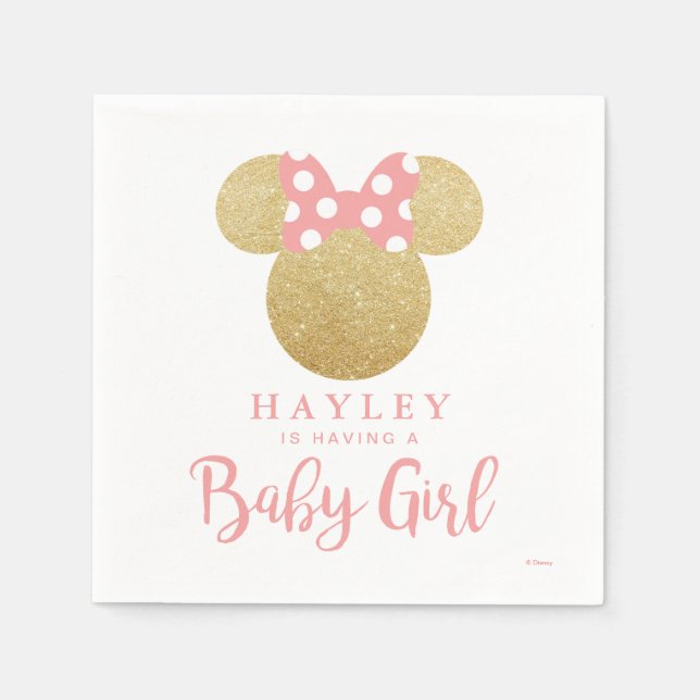 Minnie | Pink Striped Gold Glitter Baby Shower Napkin (Front)