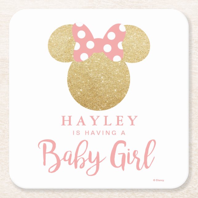 Minnie | Pink Striped Gold Glitter Baby Shower Square Paper Coaster (Front)