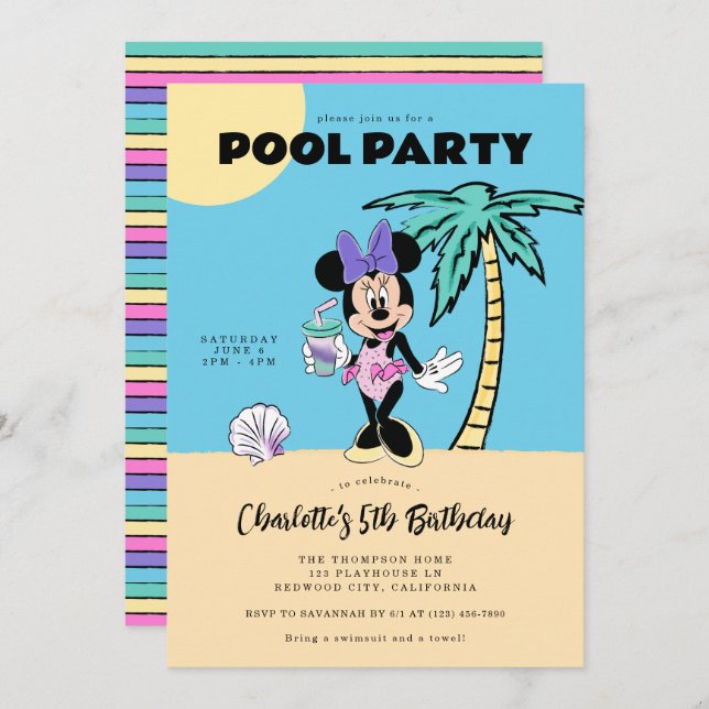 Minnie Summer Pool Birthday Party Invitation (Front/Back)