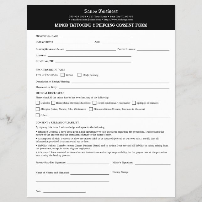 MINOR TATTOOING & PIERCING CONSENT FORM FLYER (Front)