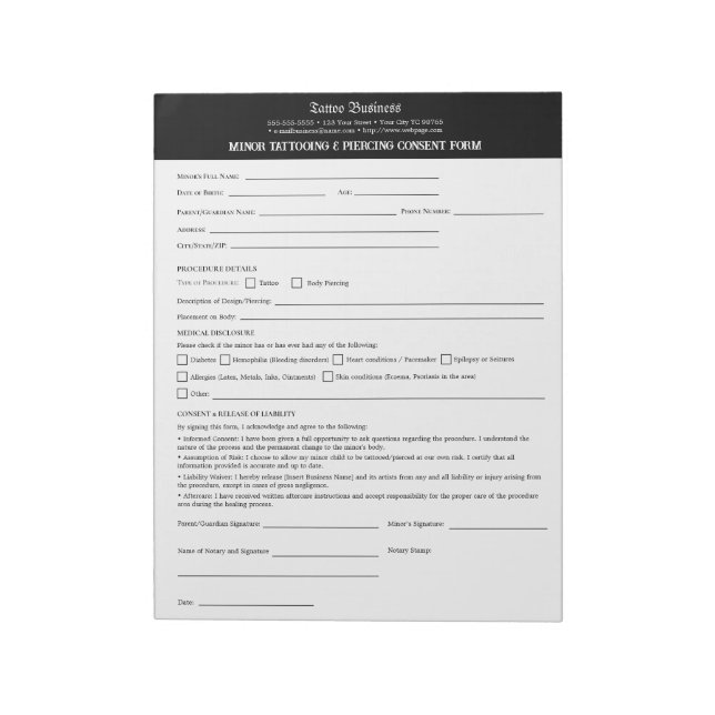 MINOR TATTOOING & PIERCING CONSENT FORM NOTEPAD (Rotated)
