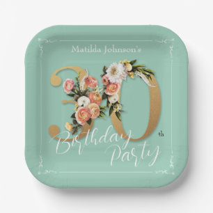 Mint 30th Birthday Gold Text Floral Pretty Custom Paper Plate