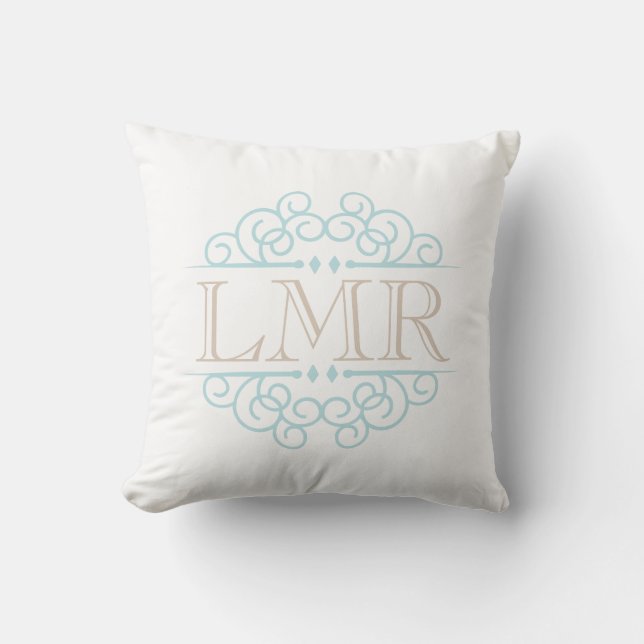 Mint and Beige Vintage Frame Monogrammed Throw Pillow (Front)