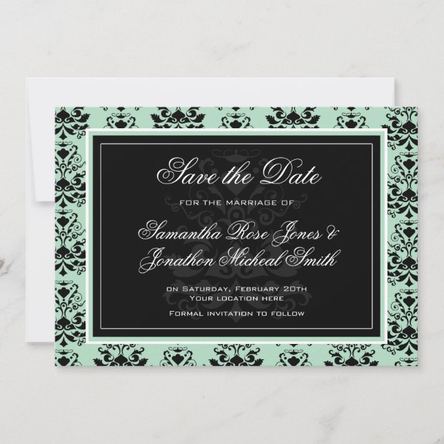Mint and Black Damask Wedding Save the Date (Front)
