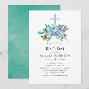 Mint and Blue Boho Baptism or Christening Invitation