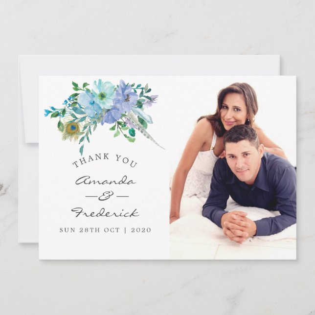 Mint and Blue Boho Floral Wedding Thank You photo (Front)