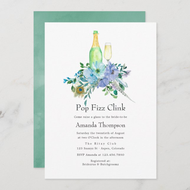 Mint and Blue Boho Pop Fizz Clink Bridal Shower Invitation (Front/Back)