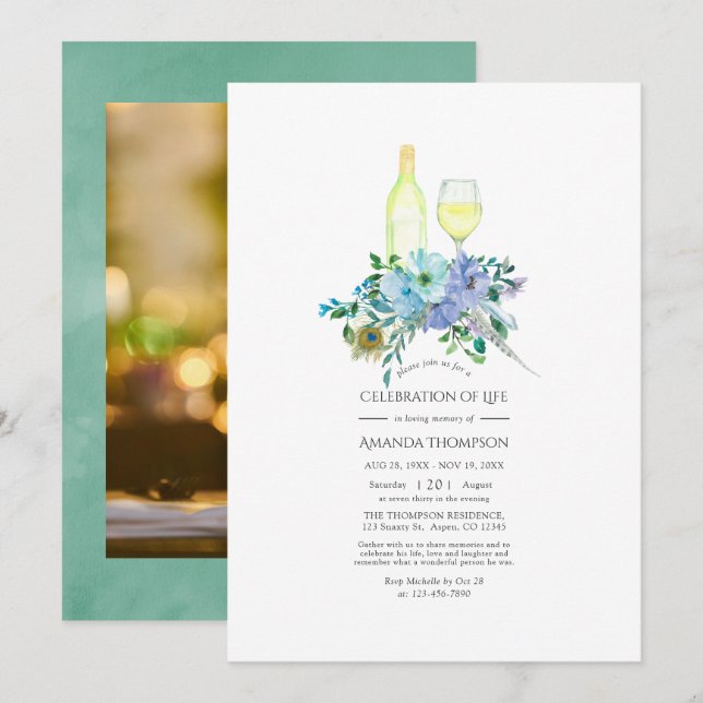 Mint and Blue Boho Wine Theme Celebration of Life Invitation (Front/Back)
