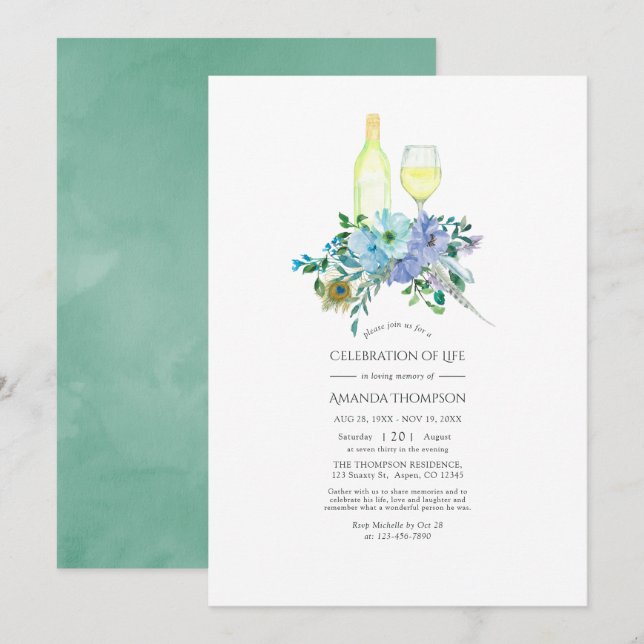 Mint and Blue Boho Wine themed Celebration of Life Invitation (Front/Back)