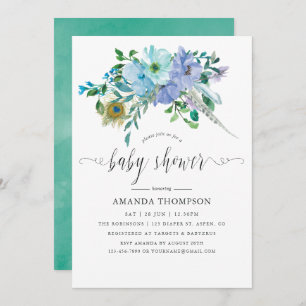 Mint and Blue Watercolor Boho Baby Shower Invitation