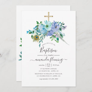 Mint and Blue Watercolor Boho Floral Baptism Invitation