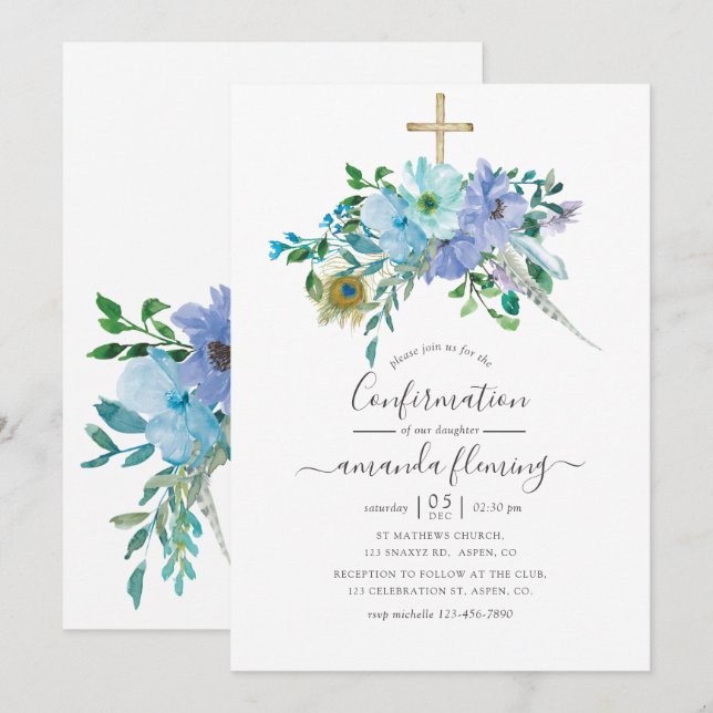 Mint and Blue Watercolor Boho Floral Confirmation Invitation (Front/Back)