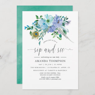 Mint and Blue Watercolor Boho Sip and See Invitation