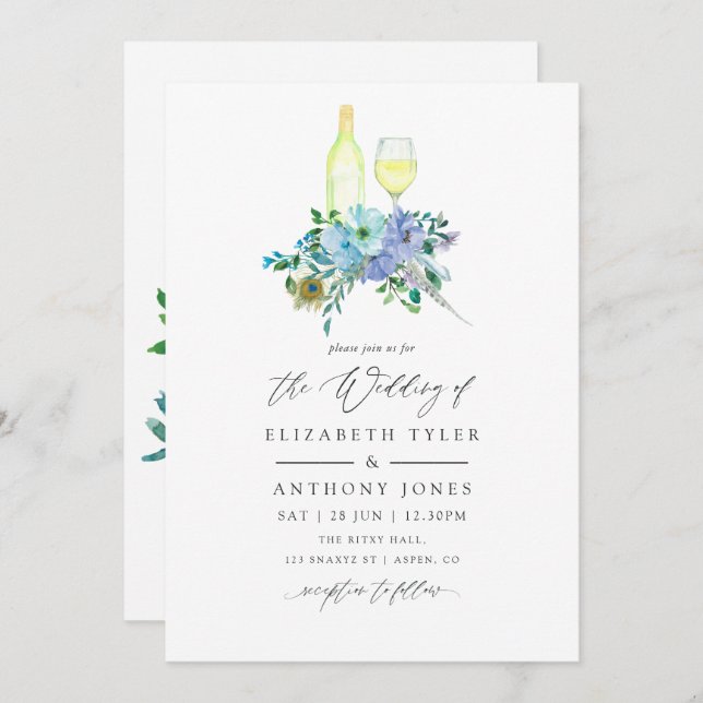 Mint and Blue Watercolor Floral Wedding Invitation (Front/Back)