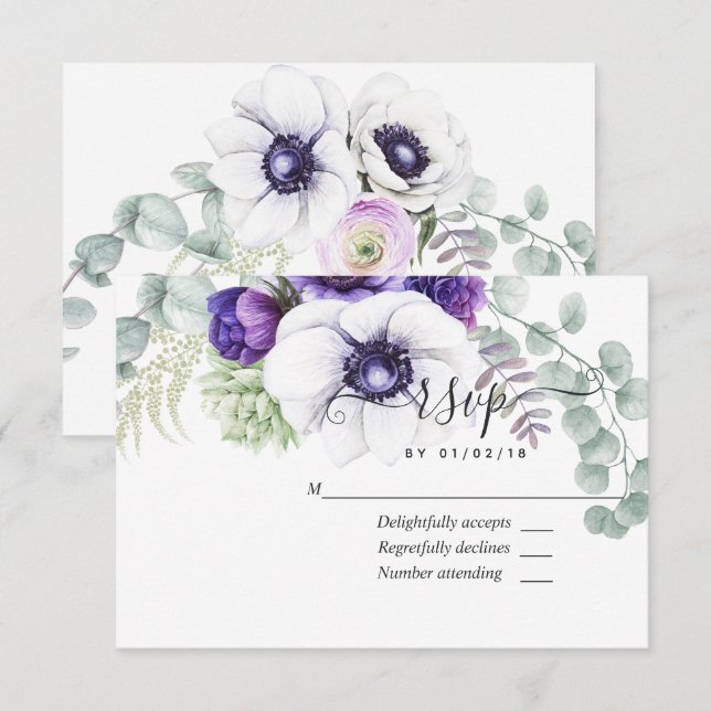 Mint and Blue Watercolor Floral Wedding RSVP Card (Front/Back)