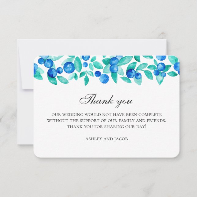 Mint and blue woodland wedding. Blueberry winter Thank You Card (Front)