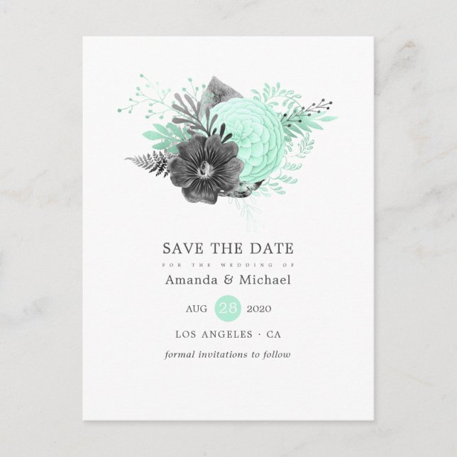 Mint and Charcoal Floral Rustic Save the Date Announcement Postcard (Front)