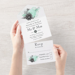 Mint and Charcoal Floral Rustic Wedding All In One All In One Invitation
