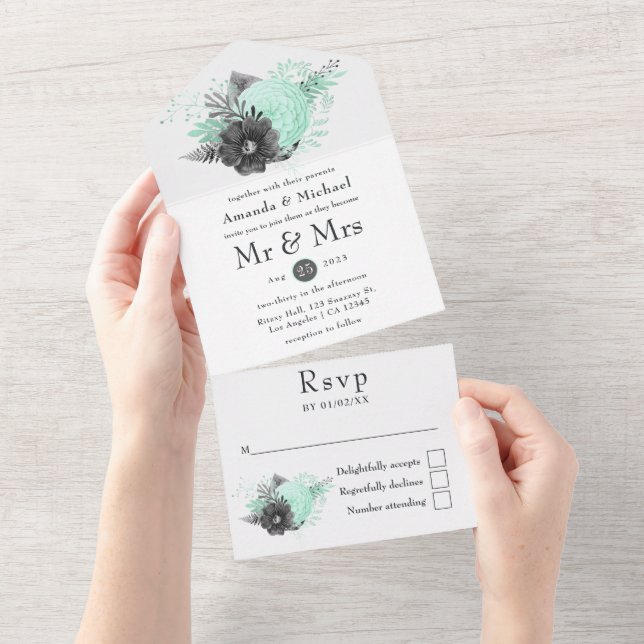 Mint and Charcoal Floral Rustic Wedding All In One Invitation (Tearaway)