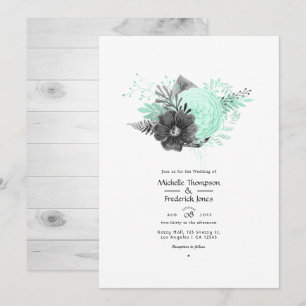 Mint and Charcoal Floral Rustic Wedding Invitation