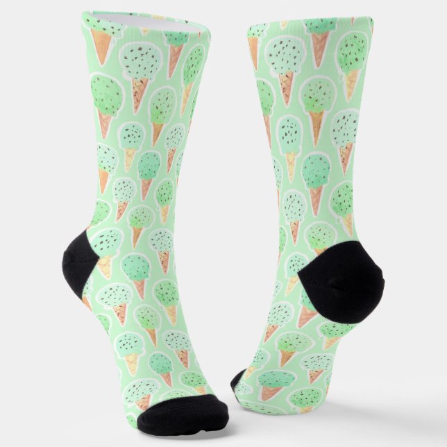 Mint and Chip Ice Cream Cone Pattern Socks (Angled)