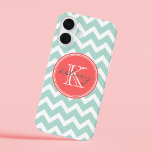Mint and Coral Chevron Custom Monogram iPhone 16 Case<br><div class="desc">Cute and girly design with a modern preppy zigzag chevron pattern,  personalized with your custom monogram name and initial in a chic circle frame. Click Customize It to change the monogram text fonts and colours to create your own one of a kind design. Adorable and unique gifts!</div>