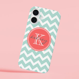 Mint and Coral Chevron Custom Monogram iPhone 16 Case