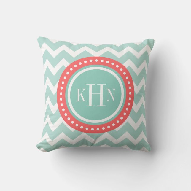 Mint and Coral Chevron Monogram Throw Pillow (Front)